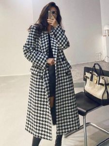 Mulheres de lã feminina Mulheres longas casaco de lã xadrez Slim Houndstooth Jaqueta 221121