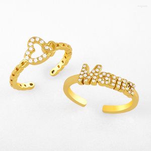 Ringos de cluster Flola Gold Bated Heart Open BUFF ABRILHO PARA MULHERES WHITE MAMA MAMA ANEL RING CZ CUBIC ZIRGONIA JOIXAS DE JOIXAS RIGK48