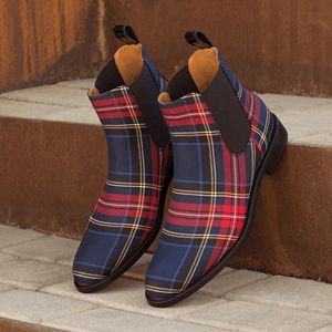 Boots m￤n klassisk chelsea personlighet f￤rgblockering rutig rund t￥ l￥gklackat slip-on mode casual street dagliga skor 221119