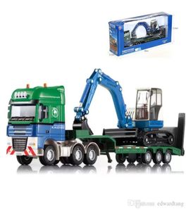 KDW Diecast Alloy Diecast Model Cars Flat Trailer Toy With Excavator Digger Scale Ornament Xmas Kid Birthday Boy Gift Collect Deco