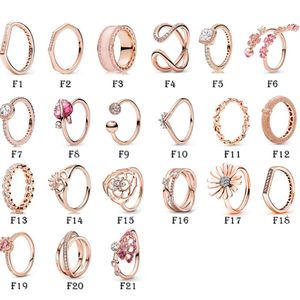 Ny 100% 925 Sterling Silver Ring Fit Pandora Rose Gold Flowers Bow Love Heart Crown Daisy Rings for European Women Wedding Original FA2863