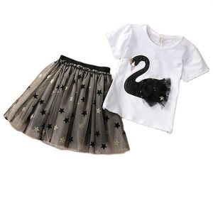 Camiseta de algodón Vestido de niñas de manga corta Summer Niños Little Princess Fluffy Clothing Falda de dos piezas P4661 210622292W