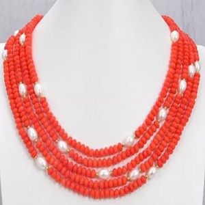 Gioielli eccellenti 5strands bianca collana di corallo arancione perla