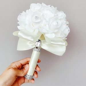 Dekorative Blumen Hochzeit Fake Brautstrauß Brautjungfer Rosenkern Strass Lila Königsblau Künstliche Seidenblumendekoration