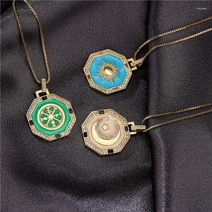 Pendant Necklaces Retro Pure Copper Bagua Necklace Inlaid Zircon Dripping Oil Geometric Moon Stars Hip Hop Luxury Jewelry For Women Men