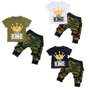 Infant Baby Boys Cotton Crown Short Sleeve T Shirts and Long Pants 2pcs Baby Boys Clothes Set Green X0719