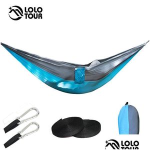 Hammocks Single Double Hammock ADT Outdoor Backpacking Travel Survival Hunt Slee Bed Bortable med 2 remmar Carabiner Drop Delive DHBVN