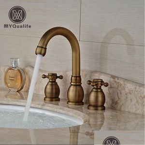 Bathroom Sink Faucets Antique Brass Dual Handle Basin Faucet Widespread 3 Hole Bathroom Mixer Taps Deck Mount Drop Delivery Home Gar Dhzwm