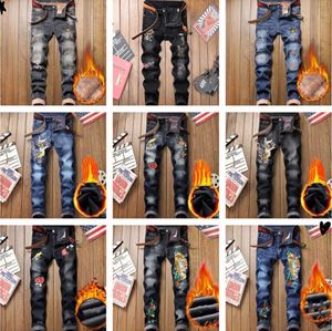 Denim Designer Hole Jeans Högkvalitativ rippad för män Storlek 28-38 40 Autumn Winter Plus Veet Hip Hop Punk Streetwear Trousers2024