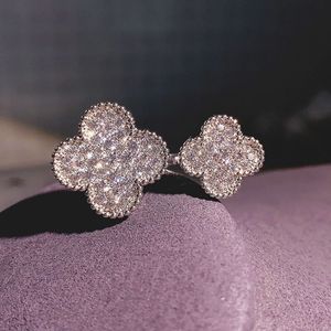 Banda de designer de trevo de diamante coreano Rings de luxo Sweet Flower Silver Open Shining Shine