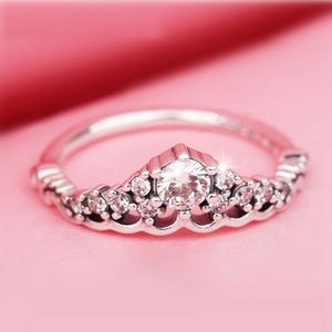 Tiara da favola in argento sterling 925 con pietre trasparenti Anello adatto per gioielli Pandora Anello di fidanzamento per amanti del matrimonio Anello di moda per le donne