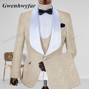 Mens Suits Blazers Gwenhwyfar Jacquard Şampanya Erkekler Takım Shawl Lapel İnce Fit Ceketlivestpantlar Düğün Damat İş Man Partisi Smokin 221121