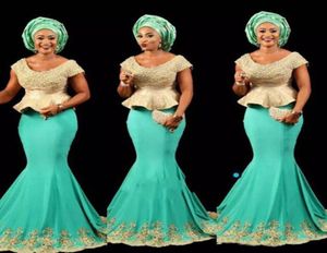 Wunderschöne arabische afrikanische Abendkleider nigerianische Spitzenstile Schaufel Hals Mermaid Teal türkis Promkleider mit Spitzen Applikationen1418448