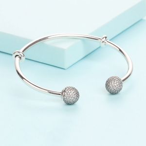 925 Sterling Silver Open Bangle Bracelet with Clear Cz Pave Ball Fits European Pandora Jewelry Charm