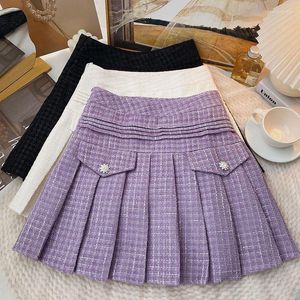 Skirts Ashgaily 2022 Vintage Women High Waist Pleated Short Skirt Tweed Zipper Female Clothing All-match
