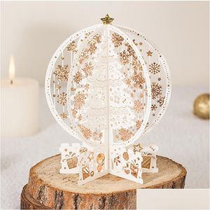 Biglietti d'auguri Biglietto d'auguri di Natale 3D Up Taglio laser Buon cervo Babbo Natale Carte in oro rosso con busta 10 pezzi per lotto Consegna a goccia Dhtmg