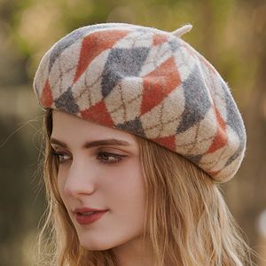 2022 new style colliding color wool beret fashionable casual autumn and winter warmth thicken plaid artist hat