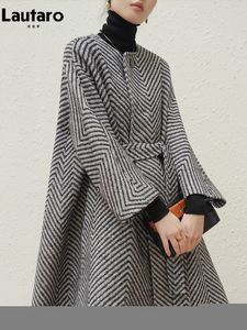 Donna Miscele Lautaro Autunno Inverno Cappotto di lana a zigzag bianco e nero Donna Sashes A Line Sciolto Elegante Elegante Runway Moda coreana 221119