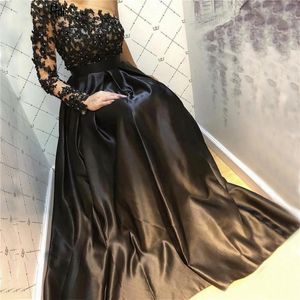Bir omuz siyah uzun elbise partisi zarif robe de soiree uzun kollu vintage balo elbisesi