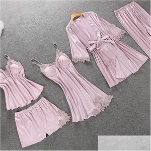 Other Festive Party Supplies Autumn Satin Pajamas Set For Women Elegant 5Pcs Sleepwear Female Sexy Lingerie Lace Top Silk Suits Dr Dhjqx