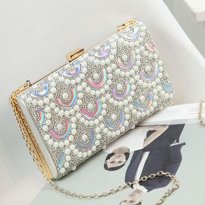 Evening Bags Sequined Bling Beaded Women Day Clutch Shoulder Chain 2022 Party Handbags Pearl Flap Design Purse