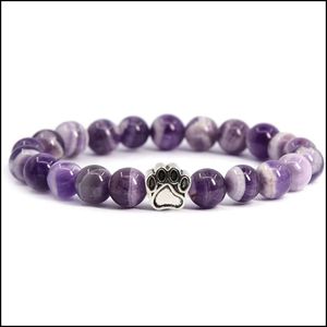 Pietre naturali con perline Mala Bead Bracciale Yoga Zampa della mano del cane 8 mm Corda elasticizzata Braccialetti da donna Uomo Gioielli con consegna di goccia Dhphd