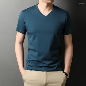 Men's T Shirts 2022 Mulberry Silk Men's T-shirts Luxury Short Sleeve Solid Color Thin Male Summer V Collar Casual Man Tees 3XL