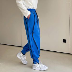 Men's Pants 2022 Spring Korean Style Unique Mixed Color Lines Design Beam Men Casual Loose Blue For Trousera Size M-XL