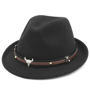 Fedora Hats for Women Men Roll-up Short Brim Trilby Gangster Jazz Cap z Bull Skull Belt Hatband