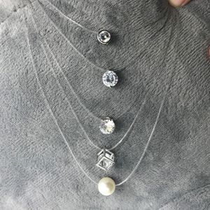 Nuova personalità moda collane quadrate collana di zirconi di cristallo di perle d'imitazione collana di lenza trasparente invisibile da donna
