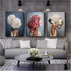 Paintings Flowers Feathers Woman Abstract Canvas Painting Wall Art Print Poster Picture Decorative Living Room Home Decoration Drop Dhcrn