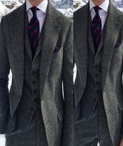 Dark Grey Harringbone Wedding Tuxedos 2019 Двух пуговица с ноткой отвороты Slim Fit Man костюм для Business Compant Jacketsvest BO7648381