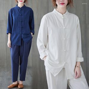 V￪tements ethniques Style chinois Navy White Tang Suit Femme Coton Linen Shirt Qipao Coat Blouse Pants Harem Zen Oriental Set