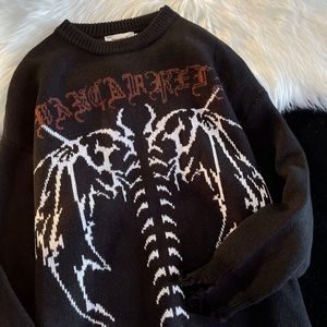 Herrtröjor hiphop streetwear stickad tröja män gotisk brev bat skelett tryck pullover hösten harajuku bomull tröja kvinnor 221121