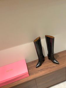 Paris Fashion Texas Crocodile-Effect Knee-High Boots Block Heel Croc-Embossed Leather Shoes Boots