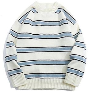 Men's Sweaters Striped Harajuku Oversized Autumn Japanese Style Round Neck Spliced Color Loose Couples Hip Hop Knitted 221121