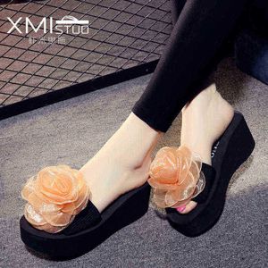 Xmistuo Summer Beauty Students Ladies Beach Stretch Fabric Slippers Lace Wigs Chiffon Flowers Thick Sandals Flip Flops J220716