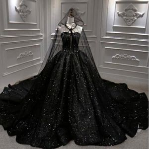 Vintage Black Gothic A-Line Wedding Dress with Lace-up Corset and Glitter Sparkly Accents