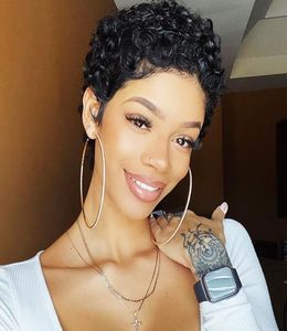 Kort afro peruk Curly Pixie Cut Human Hair Wigs 30 1B 99J African Fluffy For Women Curl med Bangs Blond Red Wine Bourgogne Color G