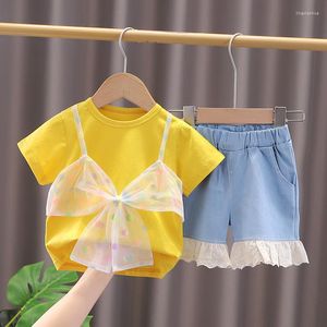 Clothing Sets Fashion Summer Kids Baby Suit Short Sleeve T-Shirt With Lace Bow Denim Shorts Casual Clothes Outfit Girl 2PCS/Set
