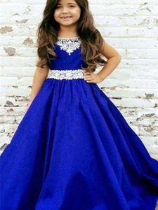 Vestidos de menina Royal Blue Flower Floor comprimento de mangueira Apliques Girls Dress Dress Primeira Comunhão Princesa Party Party