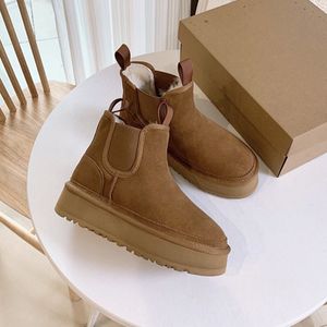 Austrália Black Chestnut Neumel Platform Chelsea Shearling Suede Boots Boots de neve feminina Botas de booties de pele de carneiro de carneiro