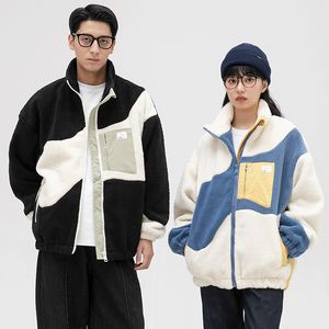 Harajuku Color Block Zipper Lambswool Jacket Men Win Winter Sherpa Fleece Cotton Coat Bated Streetwear Outwear