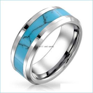 Band Rings Stainless Steel Natural Turquoise Ring Band Finger Women Mens Inlay Stone Rings Fashion Jewelry Drop Delivery Dhhjv