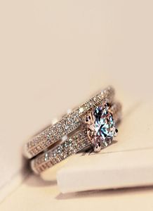 2pcs Set Bamos Luxury Femelle White Bridal Wedding Ring Fashion 925 Silver Remphaye Promed CZ Stone Engagement Anneaux pour W5979352