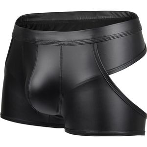 Unterhosen Imitation Leder Herren Sexy Patent Unterwäsche Hohl Bühne Nachtclub Boxer Homosexuell Höschen Backless Tanga Hombre