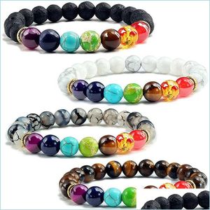 Beaded 7 Chakras Stone Beads Armband Strand Kvinnor Män handvävd Energy Yoga Tiger Eye Howlite Fashion Jewely Drop Delivery Armband DHVQE