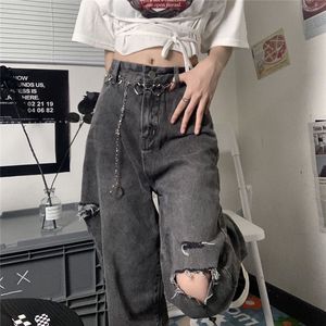 Kvinnors jeans vintage streetwear y2k mörkgrå rippad för design hög midja lös rak bred ben 221121