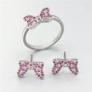 Halskette Ohrringe Set Mode Ringe Ohrstecker Silber Farbe Rosa Weiß Kristall Schleife Form Mini Niedlicher Schmuck Prinzessin Geburtstagsgeschenk