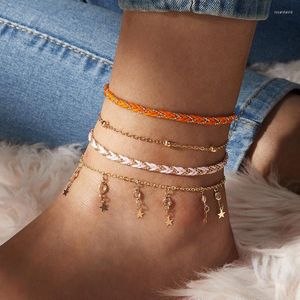 Tornozinhos 4pcs/conjuntos Pedras de cristal colorido brilhantes para mulheres Bohemian Rope Star Tassel Sandals Barefoot Jóias 8497